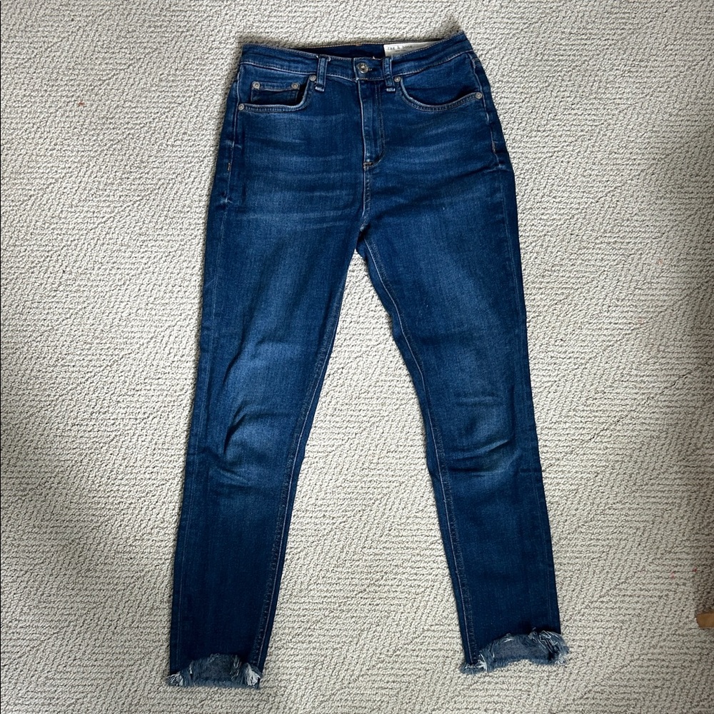 Rag & Bone Dark Blue High-Rise Women's Frayed Edge Skinny Jeans